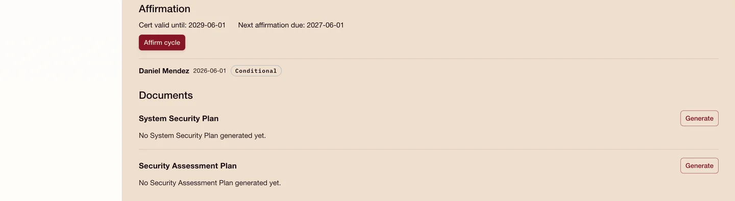 Affirmark affirmation panel showing a certification valid until 2029-06-01, a next-affirmation-due date of 2027-06-01, an Affirm cycle action, a recorded affirmation by Daniel Mendez dated 2026-06-01 with a Conditional badge, and a Documents section offering one-click generation of the System Security Plan and the Security Assessment Plan.