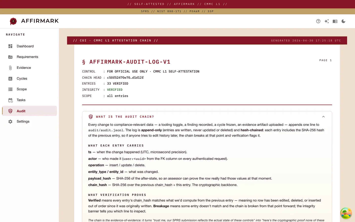Affirmark Audit chain page with the integrity banner reading 'INTEGRITY: OK · 32 entries verified · head d35e1530...273e', filter dropdowns for Actor / Entity type / Since date, a Download button, and a per-entry table showing line number, timestamp, operation (insert / update), entity type (organization_metadata, scope_assets, evidence_objective_mapping, assessment_findings), entity ID, actor (system), and chain hash.