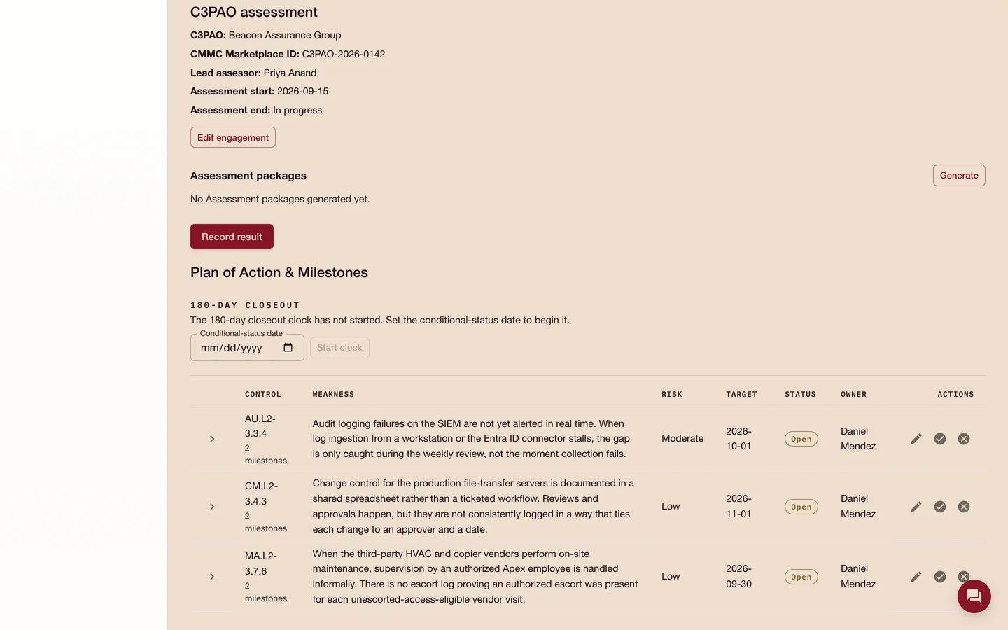Affirmark C3PAO engagement panel naming the assessor Beacon Assurance Group, CMMC Marketplace ID C3PAO-2026-0142, lead assessor Priya Anand, an assessment start of 2026-09-15 with the end in progress, an Edit engagement action, an assessment-package generator, and the plan-of-action items beneath.