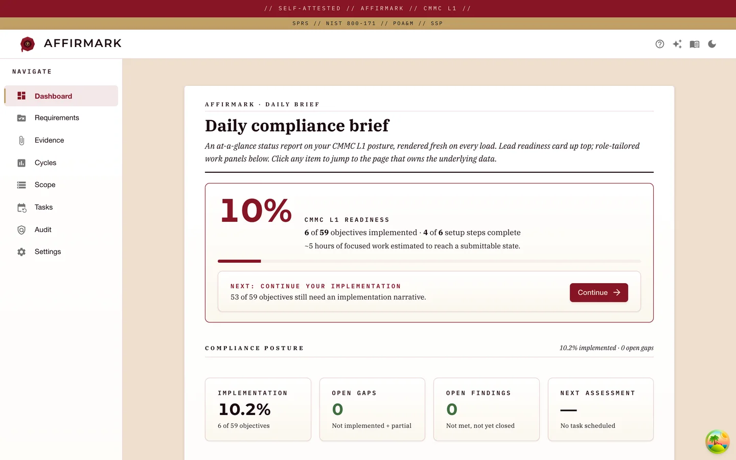 Affirmark dashboard showing 10% CMMC L1 readiness, a setup checklist (organization metadata, tool inventory, scope assets, control implementation, assessment cycle, SPRS submission), and four small stat cards for implementation, open gaps, open findings, and next assessment.