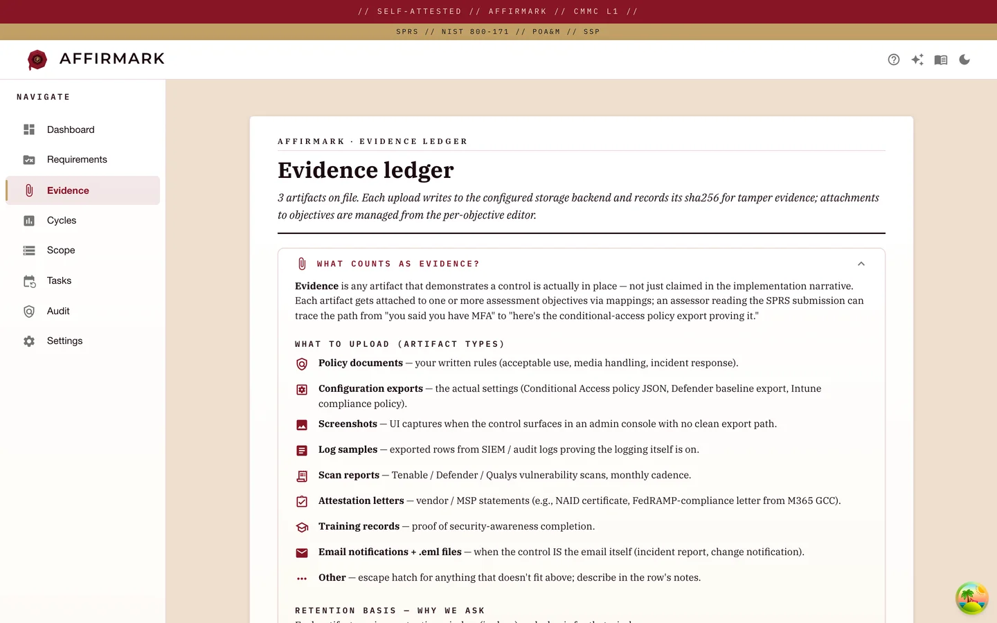 Affirmark Evidence screen with a manual upload form (artifact type, source system, collection method, retention days, retention basis, status) and a list of artifacts below showing IDs (EVD-0001, EVD-0002, EVD-0003), filenames, types (scan report, configuration export, attestation letter), source systems (Tenable.io, Microsoft Entra ID, manual process), collection dates, and validation status.