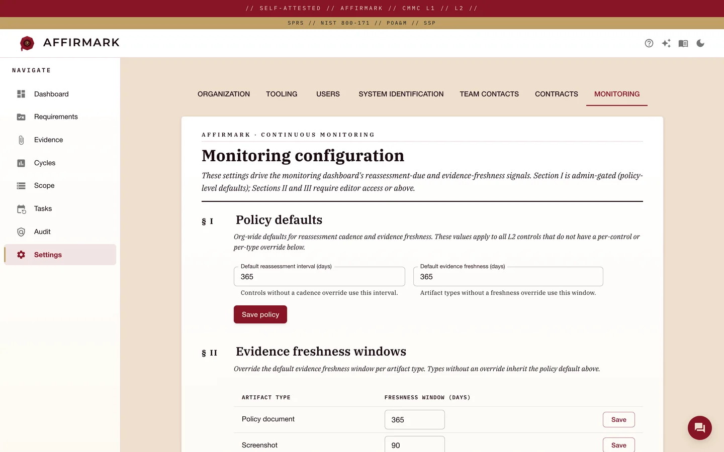 Affirmark monitoring configuration page with policy defaults for a 365-day reassessment interval and 365-day evidence freshness, and a per-artifact-type table of freshness windows such as policy document at 365 days and screenshot at 90 days.