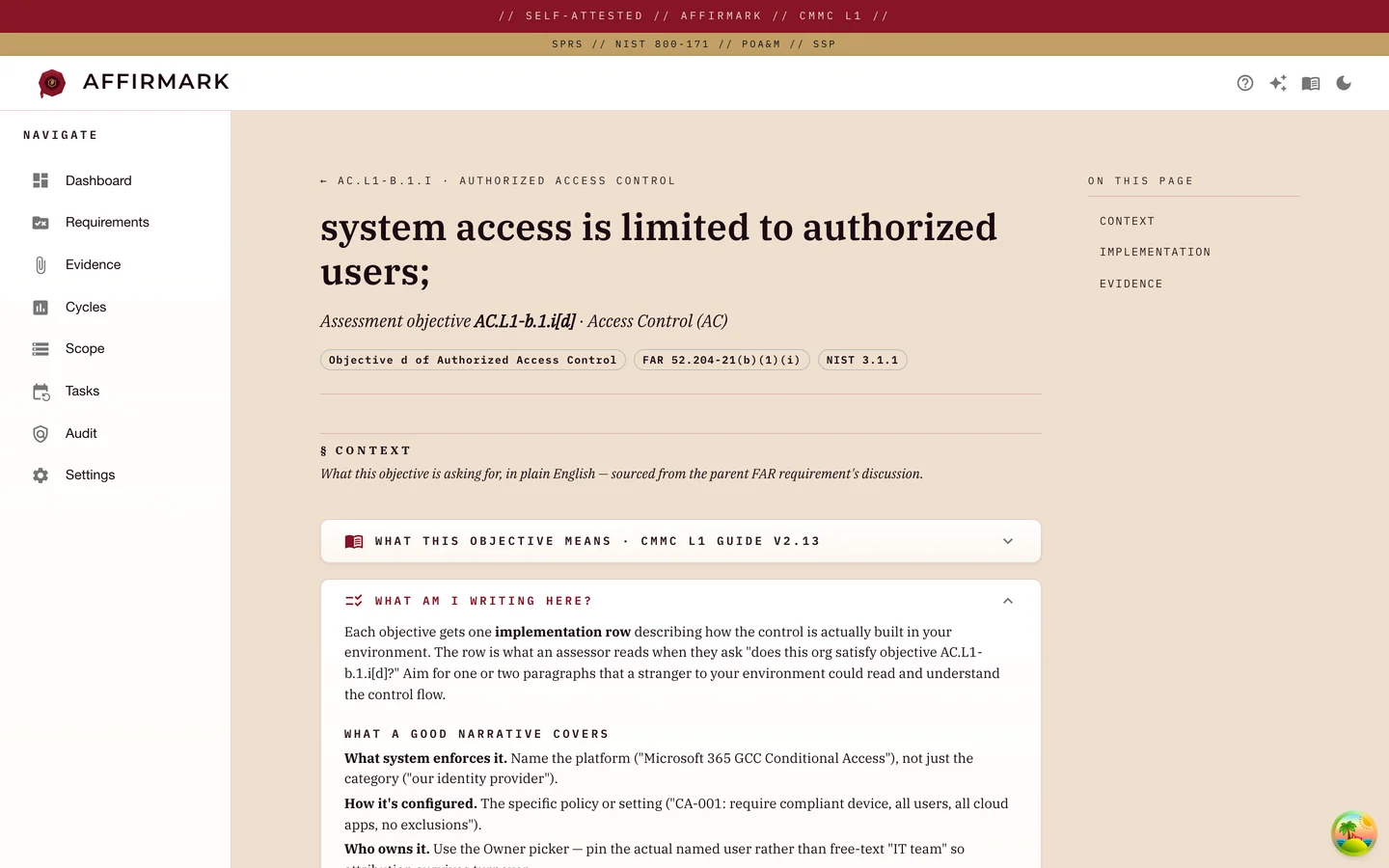 Affirmark objective-detail screen for AC.L1-b.1.i[d] (Authorized Access Control), with the CMMC L1 verbatim text, framework cross-references (FAR 52.204-21(b)(1)(i), NIST 3.1.1), an implementation-narrative editor populated with an Entra ID Conditional Access narrative, status set to Implemented, responsible tool Microsoft Entra ID, and owner / reviewer / last-reviewed fields.