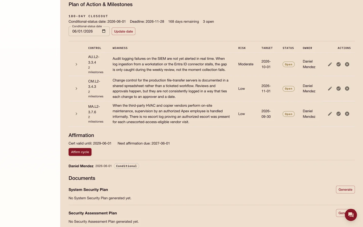 Affirmark POA&M panel listing three open items for AU.L2-3.3.4, CM.L2-3.4.3, and MA.L2-3.7.6. Each row carries a weakness narrative, a risk rating of moderate or low, a target completion date, an Open status, an owner, and two milestones, above the cycle's Affirmation section.